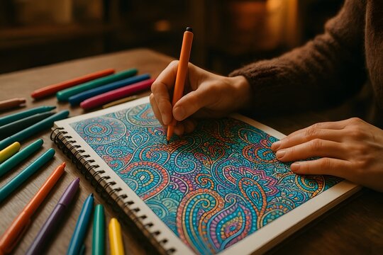 Artist Drawing Intricate Zentangle Designs in Sketchbook &ndash; Creative Studio Close-Up