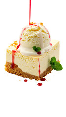 A square slice of cheesecake, topped with a scoop of vanilla ice cream and drizzled with a red sauce.  Crumbly crust visible