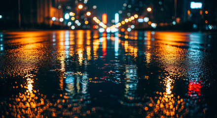 Rain on Wet Asphalt with City Light Reflections at Night