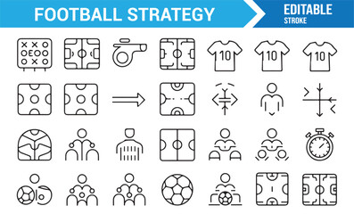 Soccer field, jersey, whistle, and tactic board linear icons for sports concepts