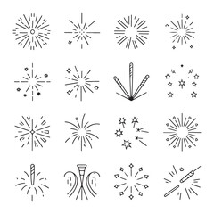 Minimal Line Style Fireworks and Sparkler Icons Set for Festivals, Events and Holiday Celebrations