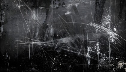 Closeup of a scratched dark surface with white lines and spots, abstract texture