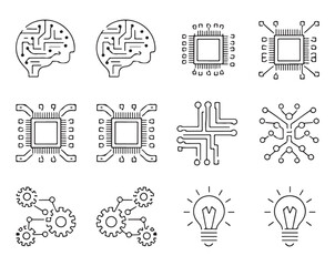 Microchip and Circuit Board Vector Icons Set in Line Art Style for Technology and Digital Hardware Design