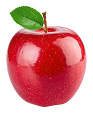 A single, glossy red apple with a green leaf