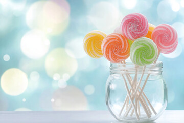 Colorful lollipops arranged in a glass jar with a blurred background  