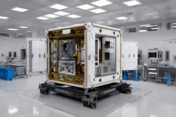 A cutting-edge research module is positioned in a clean room, surrounded by advanced laboratory equipment, preparing for scientific experiments related to space exploration