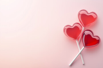 Red heart-shaped lollipops on pastel background symbolizing love  
