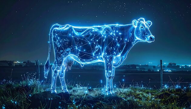 A digital illuminated cow in a field with a network overlay at night - Powered by Adobe