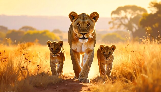 A Majestic Lioness and Her Cubs Walking Through the Golden African Savanna