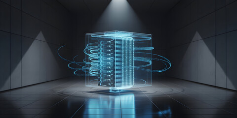 Futuristic Server Room with Holographic Technology and Advanced Data Processing Displaying a Modern High Tech Infrastructure
