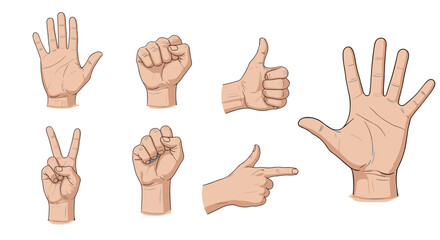 Fototapeta premium Set of diverse human hand gestures including pointing, peace, and thumbs up, isolated on transparent background.