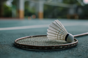 Minimalist sports scene featuring badminton racket and shuttlecock on smooth indoor court, emphasizing balance between athletic culture, competitive energy, and clean design presentation.