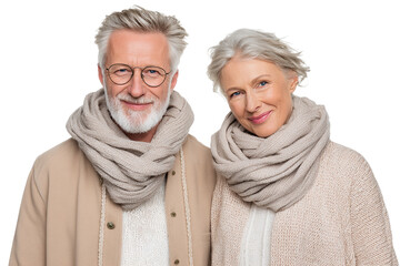 Stylish Mature Couple in Light Jackets and Neck Scarves, Front View, Transparent Background