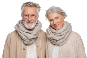 Stylish Mature Couple in Light Jackets and Neck Scarves, Front View, Transparent Background