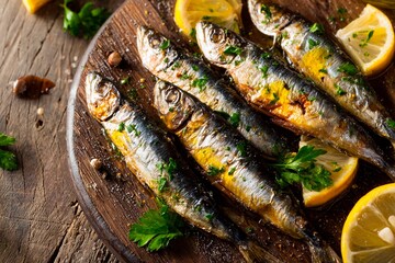 Delicious grilled fish arranged on a wooden platter, garnished with fresh parsley and slices of lemon. This meal highlights a simple, flavorful dish enjoyed at any time