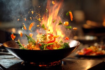 In a busy kitchen, vibrant vegetables are tossed in a hot wok over an open flame, creating a dynamic scene filled with colors and energy as dinner is being prepared