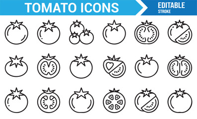 Linear vector tomato icons representing organic produce and garden freshness