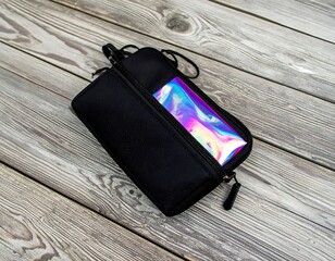 Close-up view of a black pouch with a metallic finish item