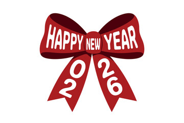 A festive red ribbon bow displaying the message happy new year for the year two thousand twenty six
