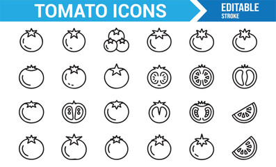 Modern editable stroke tomato icons for diet, farm, and natural food concepts