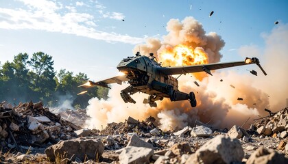Aerial Vehicle in Explosive Conflict Zone with Debris and Sky