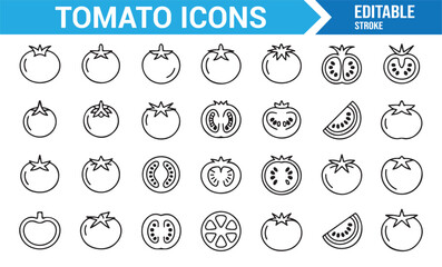 Minimal tomato icons set showing whole, half, and sliced vegetables outline