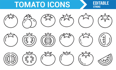 Vector line tomato icons for healthy eating, organic farming, and food design