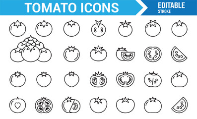 Tomato outline icons collection of whole and sliced fruits in editable stroke vector