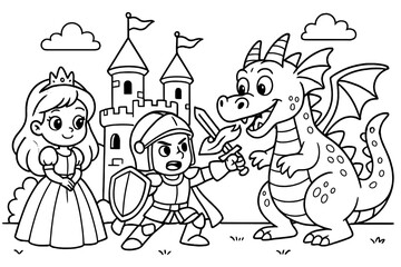 Fototapeta premium Knight vs. Dragon. Princess & Knights coloring page: knight battling friendly dragon, flames and castle towers behind, black and