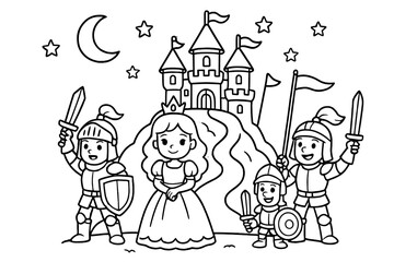 Enchanted Castle Adventure. Princess & Knights coloring page: enchanted castle on mountain hill, flags waving, stars and moon
