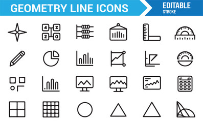 Math education outline icons with compass, ruler, and calculator symbols