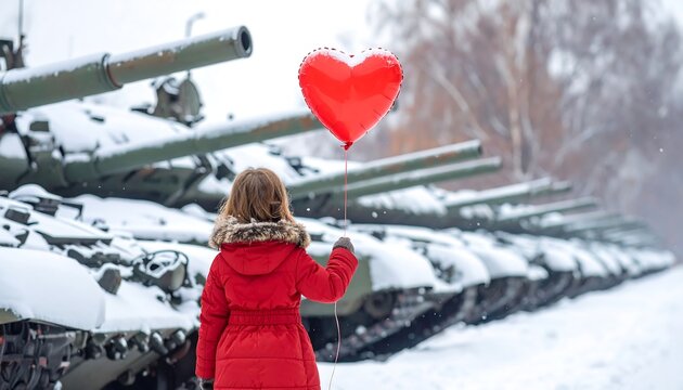 A Little Girl Holding a Heart-Shaped Balloon in Front of Military Tanks