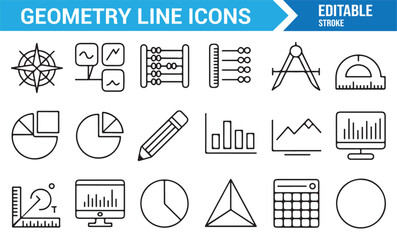 Geometry and math tools line icons set with compass, ruler, and protractor