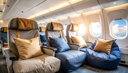 Airplane Cabin Interior with Comfortable Seats and Pillows