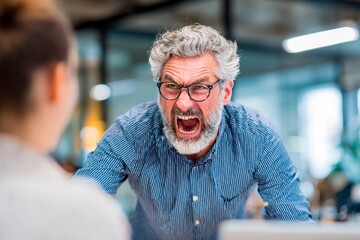 A man with gray hair and glasses passionately argues with a woman in a contemporary office. Tension fills the air as they engage in a spirited conversation
