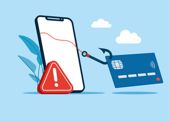 Fraud. Credit card on a fishing hook  on mobile phone. Hacker stealing credit card information. Vector flat illustration