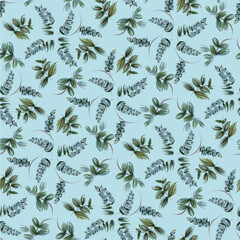 Vector floral seamless pattern from hand painted leaves, flowers and blue berries on a blue background