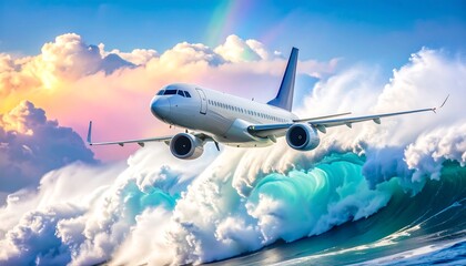 Airplane Flying Above Dramatic Ocean Waves with Rainbow in Sky
