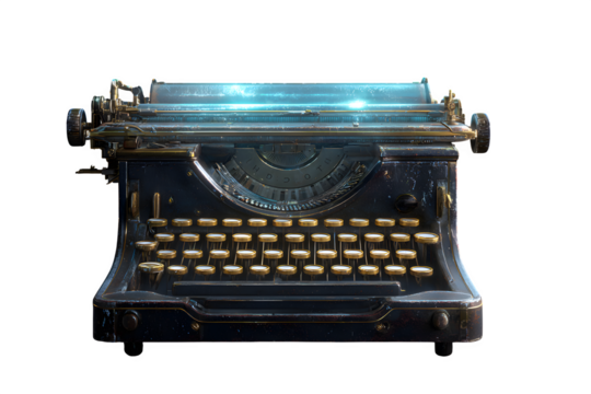 Vintage typewriter with ornate gold keys and illuminated platen evokes classic writing and timeless storytelling inspiration. Perfect for Halloween Designs