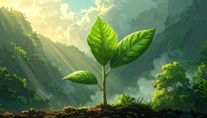 A Vibrant Illustration of a Young Plant Thriving in a Lush Mountainous Landscape