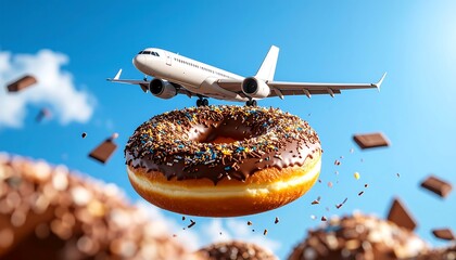 Airplane Flying Over a Chocolate Donut Against a Blue Sky