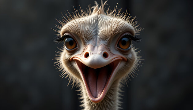 Close up of a surprised and happy Ostrich with wide eyes and open beak
