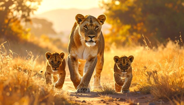 A majestic lioness leading her cubs through the african savanna at sunset - Powered by Adobe