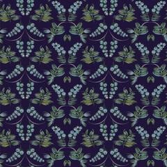 Vector floral damask seamless pattern from hand painted leaves and blue berries on a dark purple background