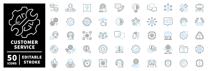 Customer service icons set. editable line icons for communication and support