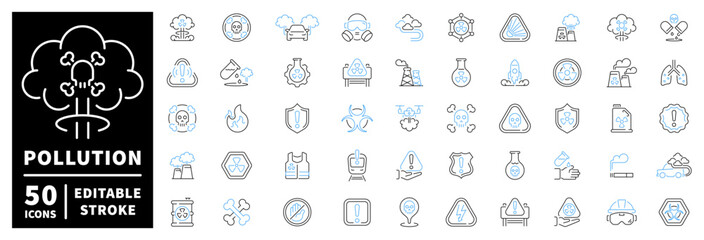 Pollution icons set with editable line icons. outline style for environment solutions