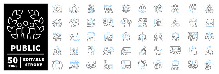 Public icons set. editable line icons. outline, stroke, community, and society symbols