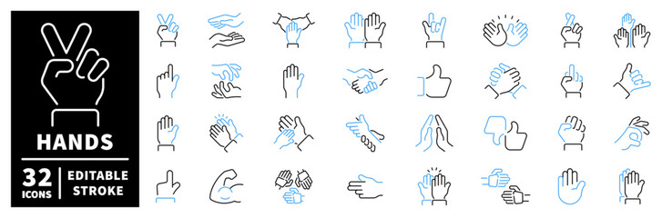 Hands icons set. editable line icons in outline, gesture, and symbol designs
