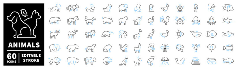 Animal icons set. editable line icons, outline, wildlife and fauna symbols