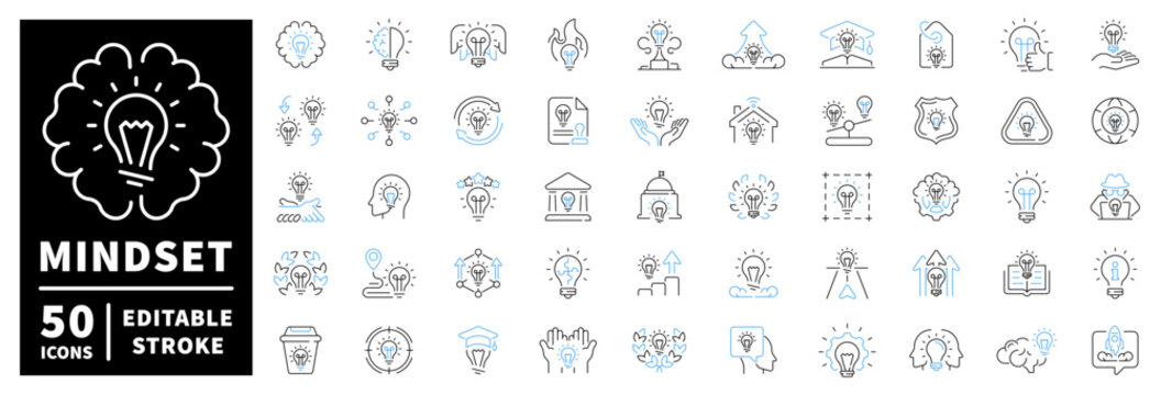 Mindset icons set. editable line icons, linear, creativity and innovation symbols - Powered by Adobe